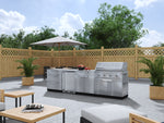 NewAge Outdoor Kitchens Stainless Steel 7-Piece Cabinet Set with 3-Drawer, Bar, Grill Cabinet, Performance Grill, Countertops and Fridge-66572-Garage Giant 