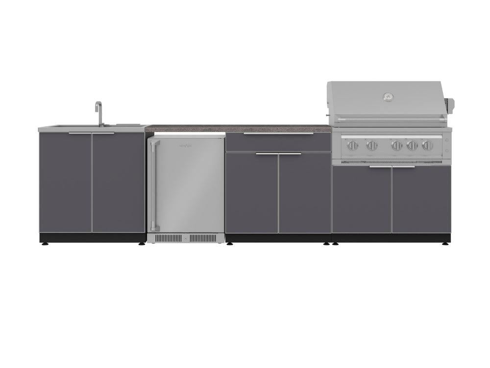 NewAge Outdoor Kitchens Aluminum 6-Piece Cabinet Set with Sink, Bar, Grill Cabinet, Platinum Grill, Countertop and Fridge-72052-Garage Giant