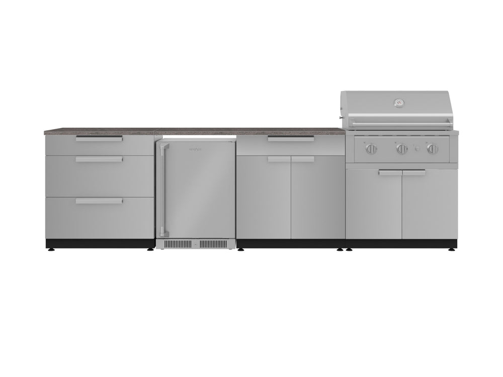 NewAge Outdoor Kitchens Stainless Steel 7-Piece Cabinet Set with 3-Drawer, Bar, Grill Cabinet, Performance Grill, Countertop, and Fridge-71925-Garage Giant