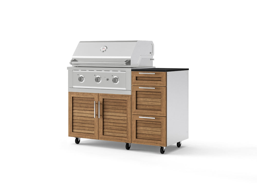 NewAge Outdoor Kitchens Outdoor Grill Island Stainless-Steel Louvered Doors 4-Piece Cabinet Set with Casters and 3-Drawer, Grill Cabinet, Performance Grill and Dekton in Sirius Countertop - (Liquid Propane) | Garage Giant