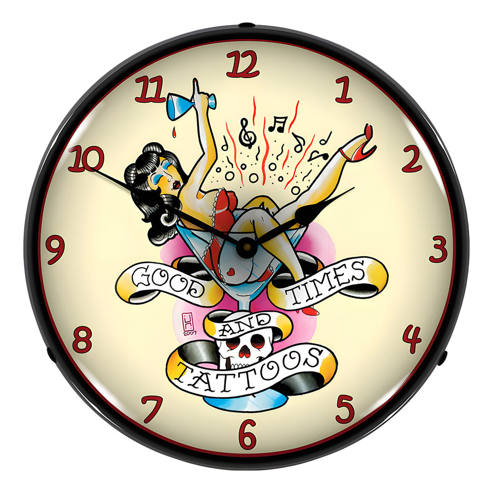 Collectable Sign and Clock Good Times and Tattoos Backlit Wall Clock-711165-Garage Giant