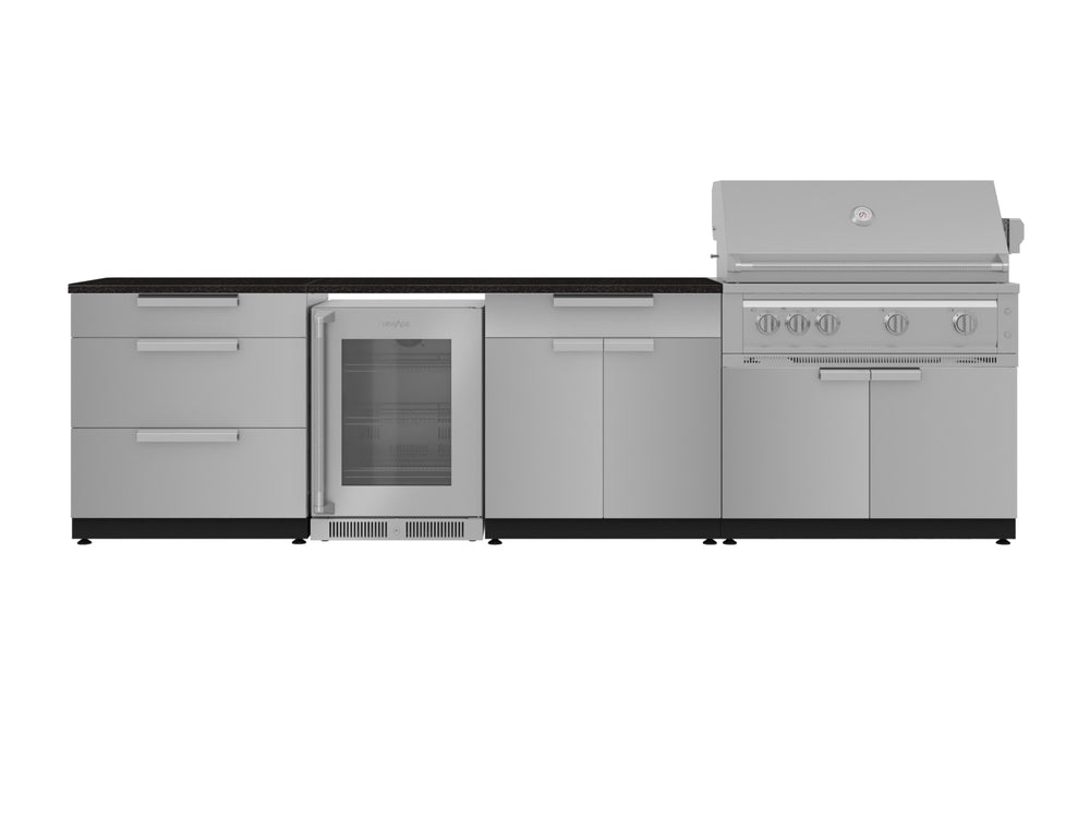 NewAge Outdoor Kitchens 7-Piece Cabinet Set with 3-Drawer, Bar, Grill Cabinet, Performance Grill, Countertops, and Glass Door Fridge