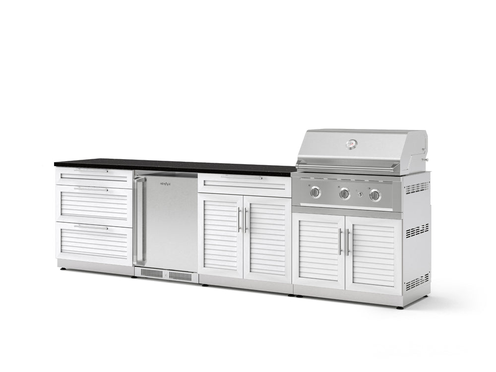 NewAge Outdoor Kitchens Stainless Steel 7-Piece Cabinet Set with 3-Drawer, Bar, Grill Cabinet, Performance Grill, Countertops, and Stainless Steel Door Fridge-73614-Garage Giant