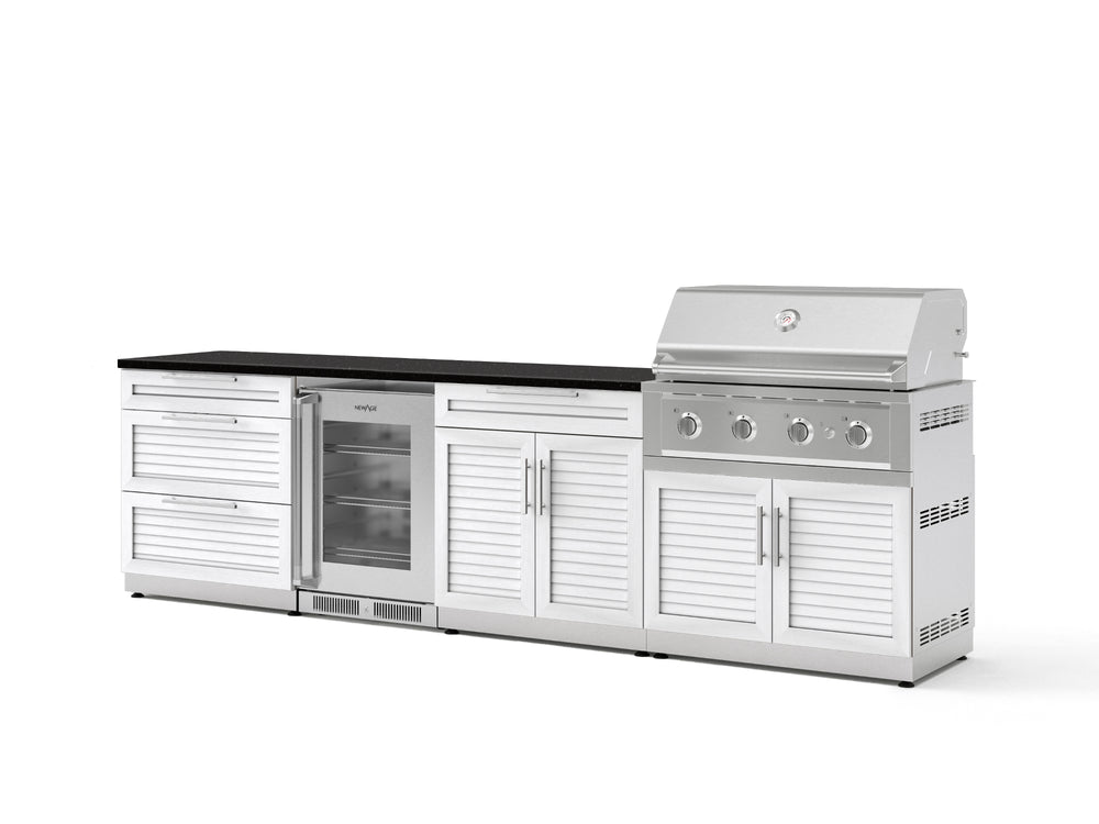 NewAge Outdoor Kitchens Stainless Steel 7-Piece Cabinet Set with 3-Drawer, Bar, Grill Cabinet, Performance Grill, Countertops, and Glass Door Fridge-73627-Garage Giant