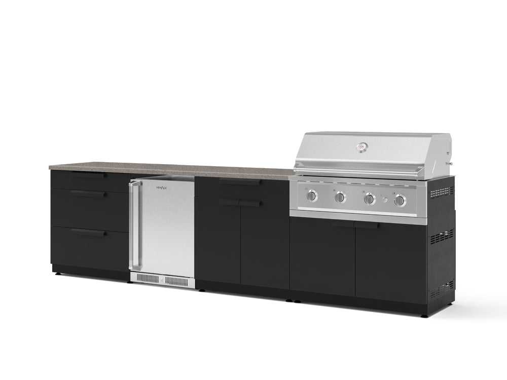 NewAge Outdoor Kitchens Stainless Steel 7-Piece Cabinet Set with 3-Drawer, Bar, Grill Cabinet, Performance Grill, Countertops, and Stainless Steel Door Fridge-73667-Garage Giant