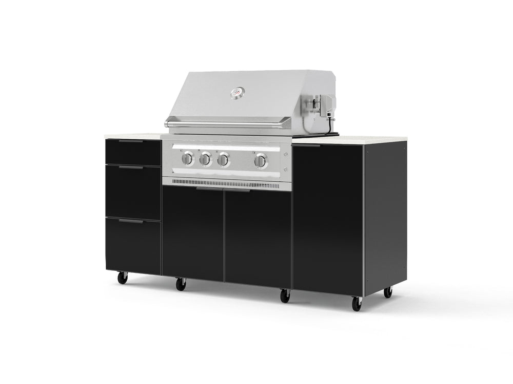 NewAge Outdoor Kitchens Outdoor Grill Island Aluminum 6-Piece Cabinet Set with Casters 1 Door, 3 Drawer, Grill Cabinet, Platinum Grill and Dekton in Aeris Countertops - (Liquid Propane) | Garage Giant