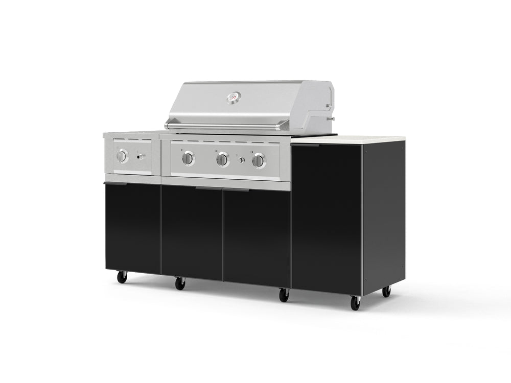 NewAge Outdoor Kitchens Outdoor Grill Island Aluminum 6-Piece Cabinet Set with Casters and 1-Door, Grill Cabinet, Performance Grill, Side Burner and Dekton in Aeris Countertop - (Liquid Propane) | Garage Giant