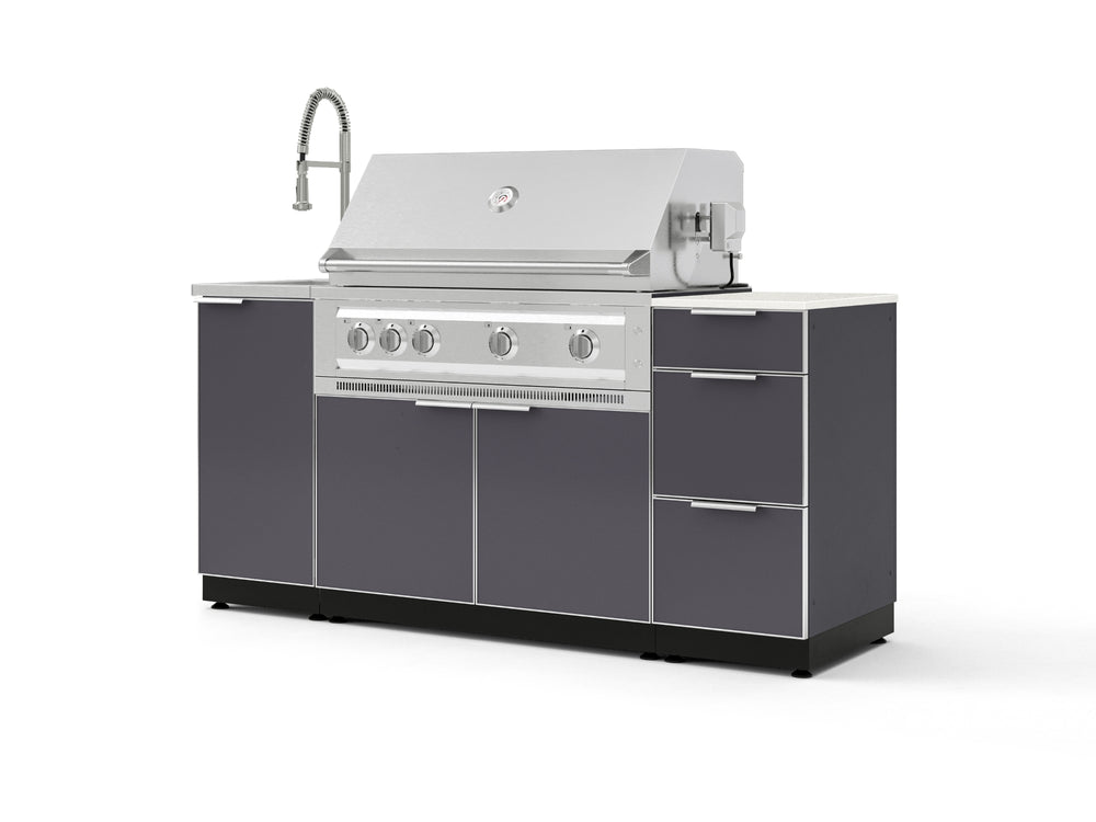 NewAge Outdoor Kitchens Outdoor Grill Island Aluminum 5-Piece Cabinet Set with Sink, 3 Drawer, Grill Cabinet, Platinum Grill and Stainless Steel Countertop - (Liquid Propane) | Garage Giant