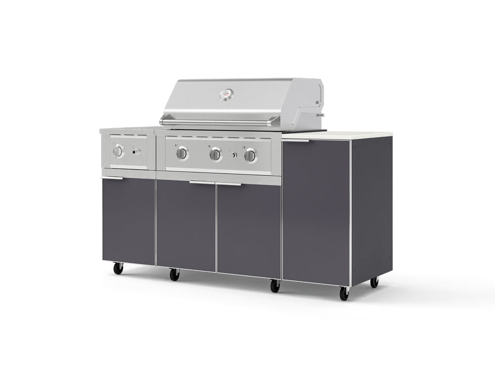 NewAge Outdoor Kitchens Outdoor Grill Island Aluminum 6-Piece Cabinet Set with Casters and 1-Door, Grill Cabinet, Performance Grill, Side Burner and Dekton in Aeris Countertop - (Liquid Propane) | Garage Giant