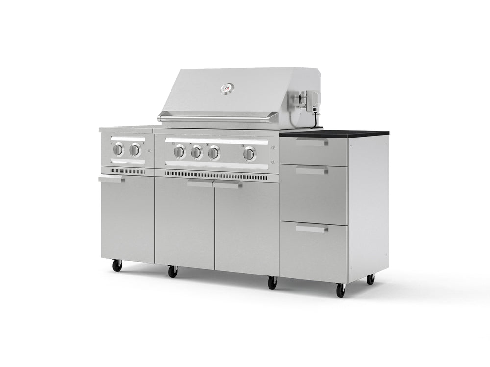 NewAge Outdoor Kitchens Outdoor Grill Island Stainless-Steel 6-Piece Cabinet Set with Casters and 3-Drawer, Grill Cabinet, Platinum Grill, Dual Side Burner and Dekton in Sirius Countertop - (Liquid Propane) | Garage Giant