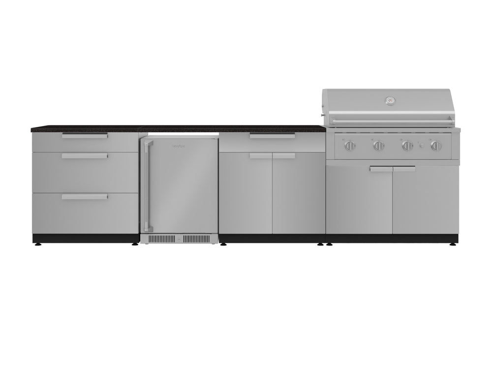 NewAge Outdoor Kitchens Stainless Steel 7-Piece Cabinet Set with 3-Drawer, Bar, Grill Cabinet, Performance Grill, Countertop, and Fridge-71852-Garage Giant