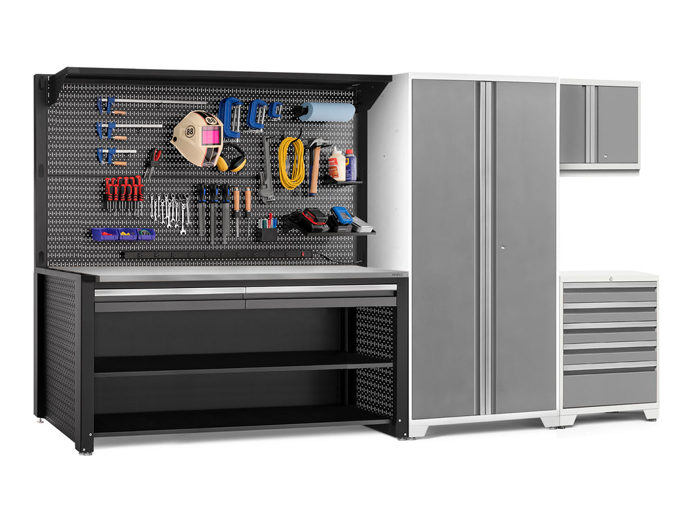 NewAge Garage Cabinets Pro Series 5-Piece Cabinet Set with Tool, Wall Cabinet, Locker, 78 in. Workstation, and Pegboard Accessories Kit-32653-Garage Giant