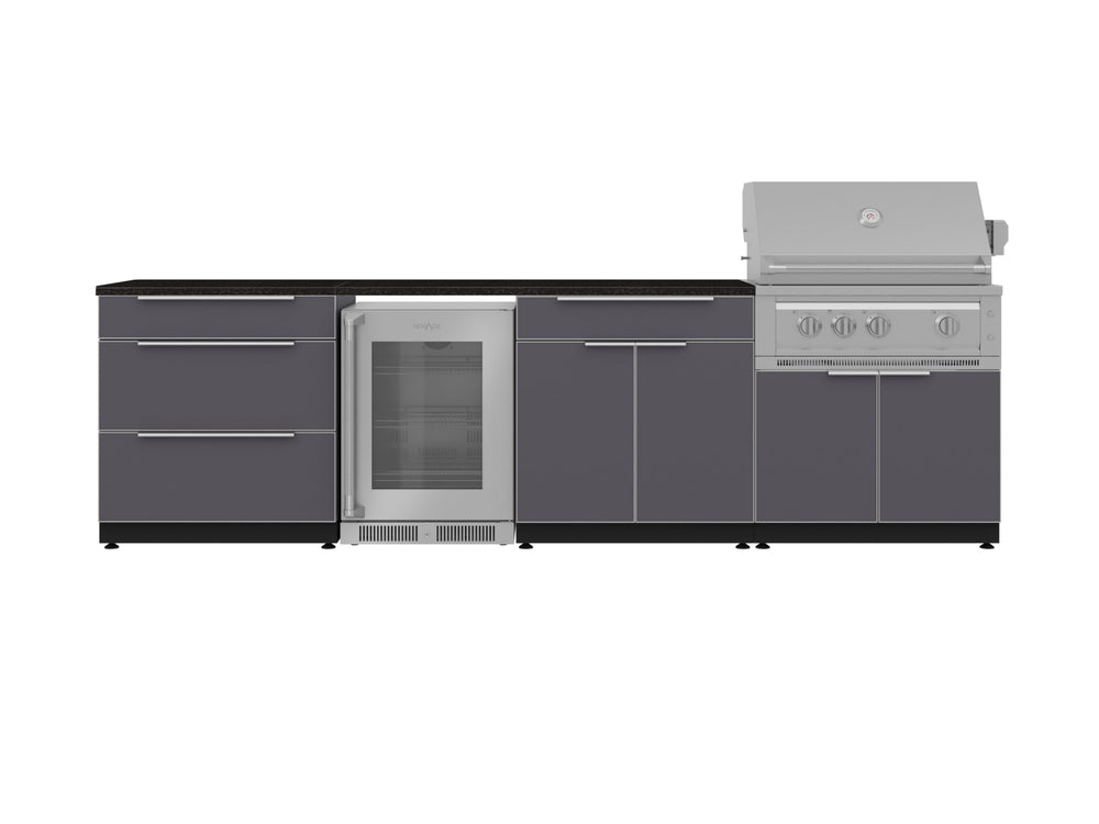 NewAge Outdoor Kitchens Aluminum 7-Piece Cabinet Set with 3-Drawer, Bar, Grill Cabinet, Platinum Grill, Countertops and Fridge-71844-Garage Giant