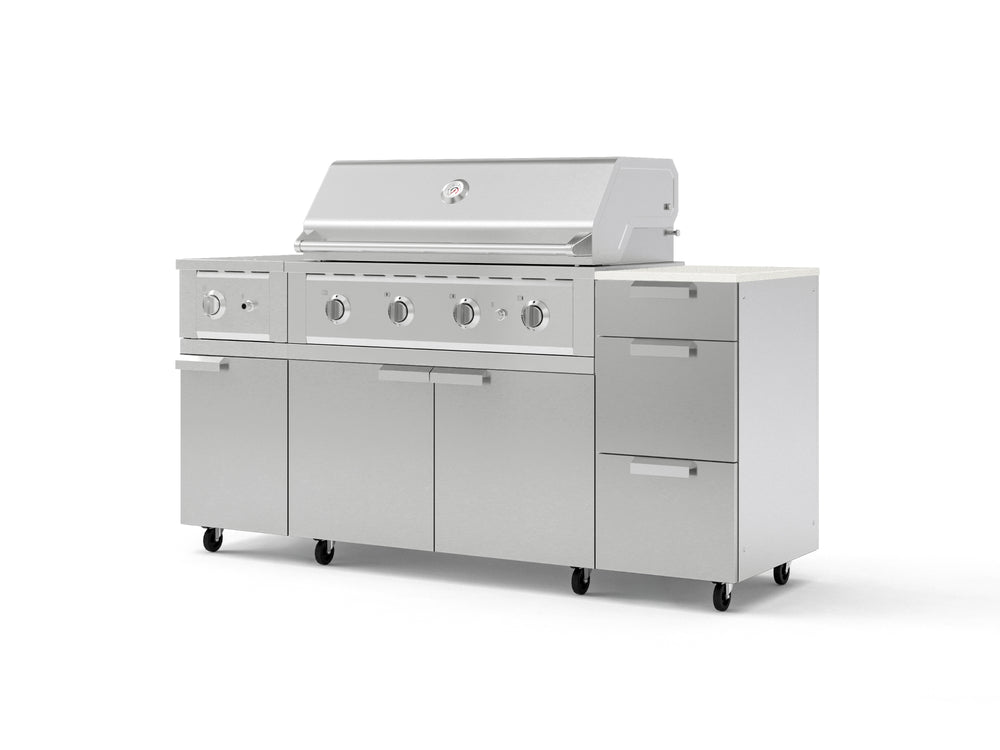 NewAge Outdoor Kitchens Outdoor Grill Island Stainless-Steel 6-Piece Cabinet Set with Casters and 3-Drawer, Grill Cabinet, Performance Grill, Side Burner and Dekton in Aeris Countertop - (Liquid Propane) | Garage Giant