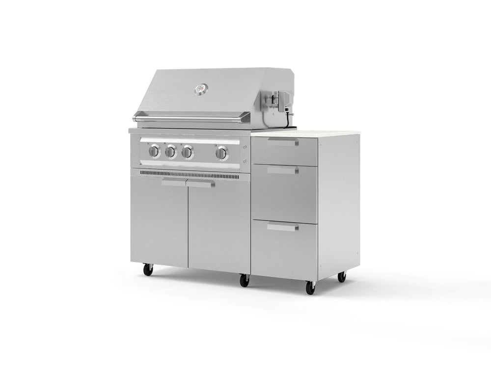 NewAge Outdoor Kitchens Outdoor Grill Island Stainless-Steel 4-Piece Cabinet Set with Casters and 3-Drawer, Grill Cabinet, Platinum Grill and Dekton in Aeris Countertop - (Liquid Propane) | Garage Giant