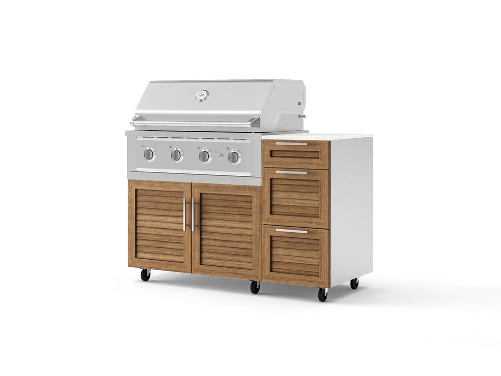 NewAge Outdoor Kitchens Outdoor Grill Island Stainless-Steel Louvered Doors 4-Piece Cabinet Set with Casters and 3-Drawer, Grill Cabinet, Performance Grill and Dekton in Aeris Countertop - (Liquid Propane) | Garage Giant