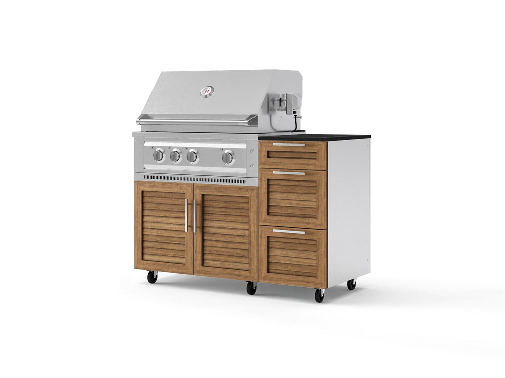 NewAge Outdoor Kitchens Outdoor Grill Island Stainless-Steel Louvered Doors 4-Piece Cabinet Set with Casters and 3-Drawer, Grill Cabinet, Platinum Grill and Dekton in Sirius Countertop - (Liquid Propane) | Garage Giant