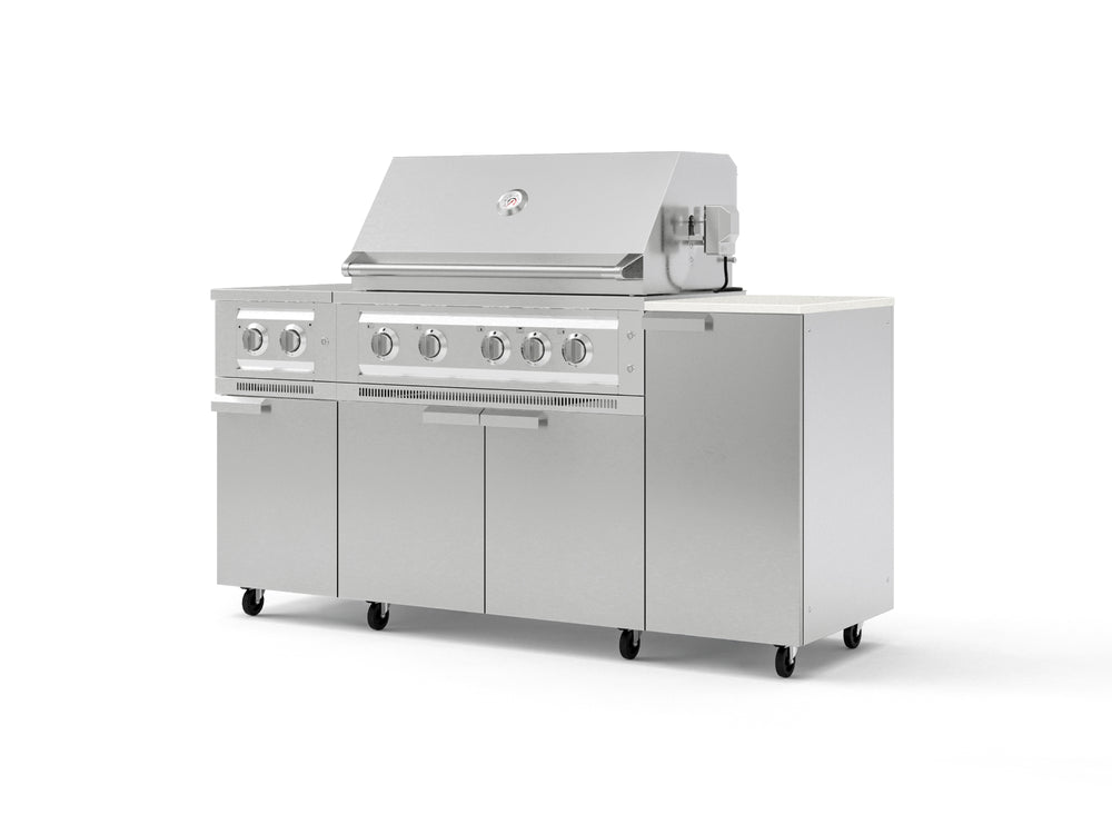 NewAge Outdoor Kitchens Outdoor Grill Island Stainless-Steel 6-Piece Cabinet Set with Casters and 1-Door, Grill Cabinet, Platinum Grill, Dual Side Burner and Dekton in Aeris Countertop - (Liquid Propane) | Garage Giant