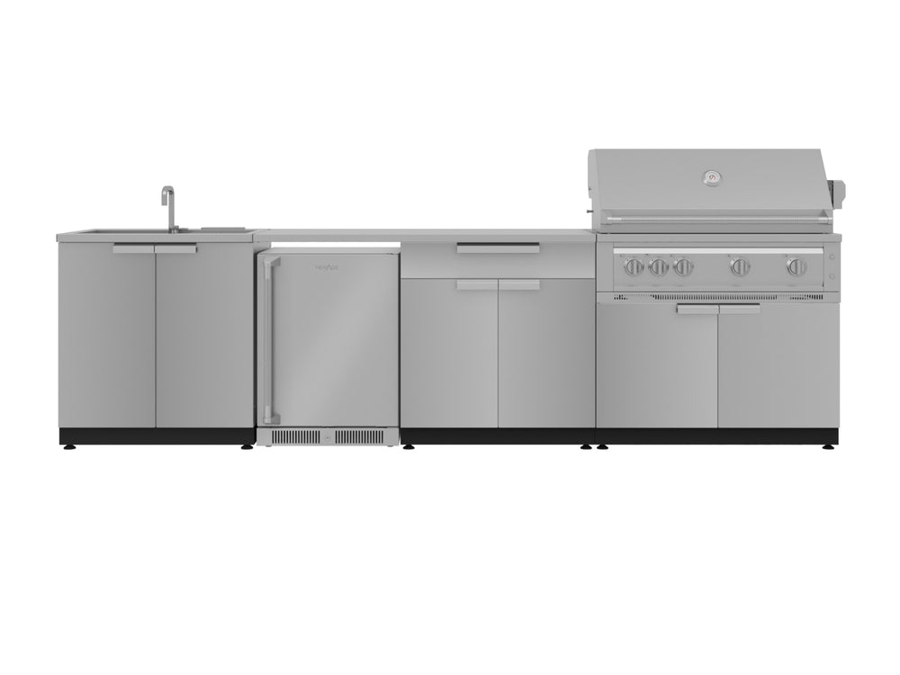 NewAge Outdoor Kitchens Stainless Steel 6-Piece Cabinet Set with Sink, Bar, Grill Cabinet, Platinum Grill, Countertop and Fridge-66351-Garage Giant