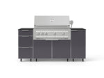 NewAge Outdoor Kitchens Outdoor Grill Island Aluminum 6-Piece Cabinet Set with Casters 1 Door, 3 Drawer, Grill Cabinet, Platinum Grill and Dekton in Sirius Countertops - (Liquid Propane) 