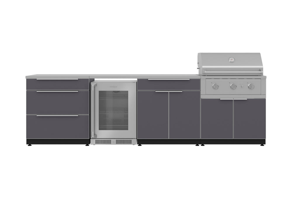 NewAge Outdoor Kitchens Aluminum 7-Piece Cabinet Set with 3-Drawer, Bar, Grill Cabinet, Performance Grill, Countertops and Fridge-66552-Garage Giant