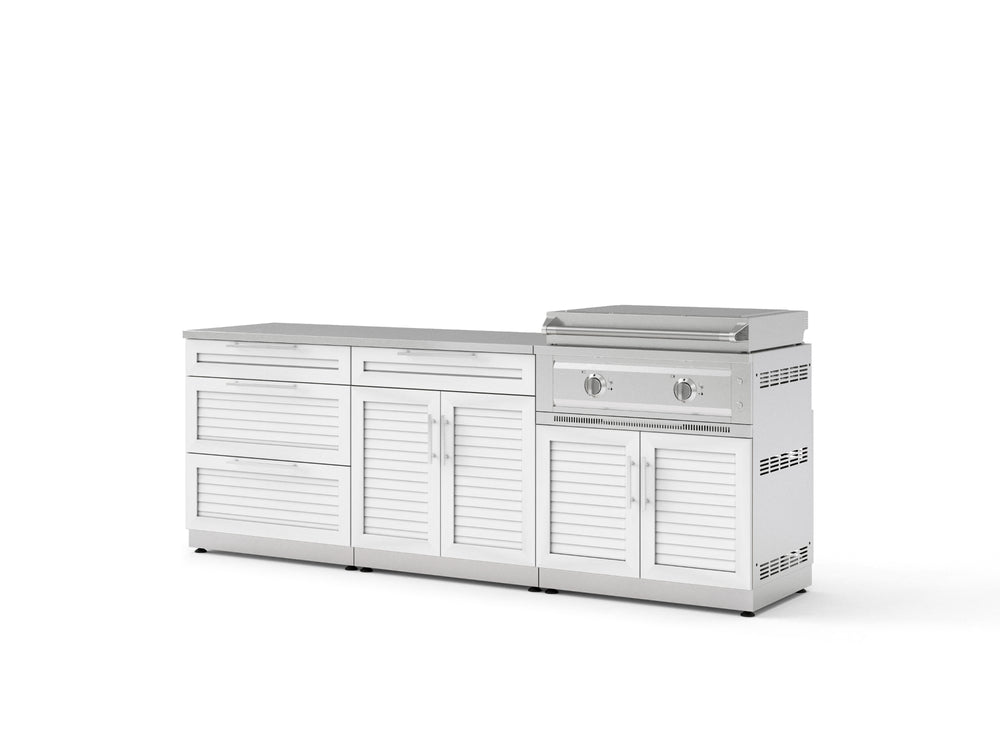 NewAge Outdoor Kitchens Stainless Steel Louvered Doors 5-Piece Cabinet Set with with 3-Drawer, Bar, Grill Cabinet, Platinum Griddle and Countertop-74955-Garage Giant