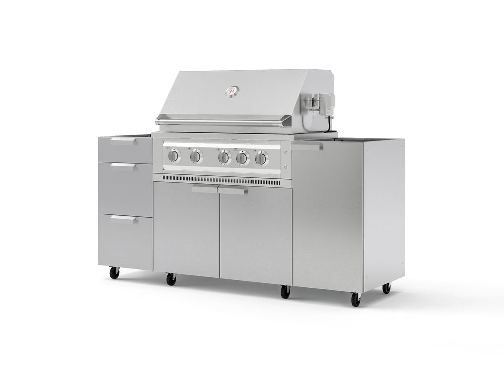 NewAge Outdoor Kitchens Outdoor Grill Island Stainless-Steel 5-Piece Cabinet Set with Casters 1 Door, 3 Drawer, Grill Cabinet and Platinum Grill - (Liquid Propane) | Garage Giant