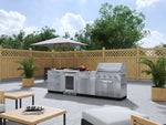 NewAge Outdoor Kitchens Stainless Steel 7-Piece Cabinet Set with 3-Drawer, Bar, Grill Cabinet, Performance Grill, Countertops and Fridge-66583-Garage Giant 