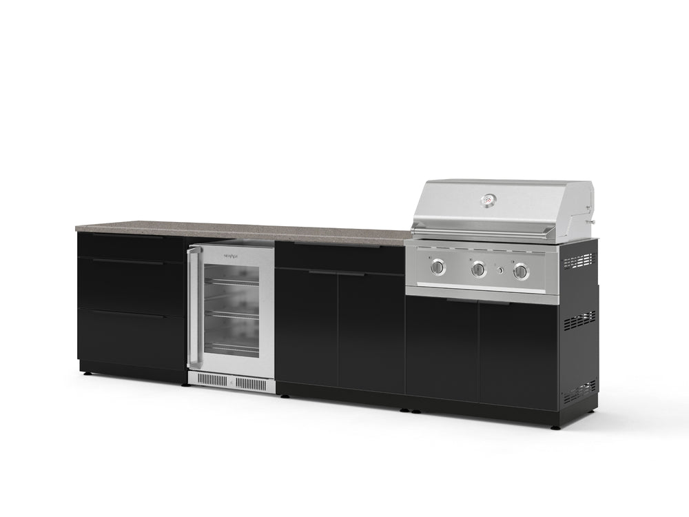 NewAge Outdoor Kitchens Aluminum 7-Piece Cabinet Set with 3-Drawer, Bar, Grill Cabinet, Performance Grill, Countertops and Glass Door Fridge-73653-Garage Giant