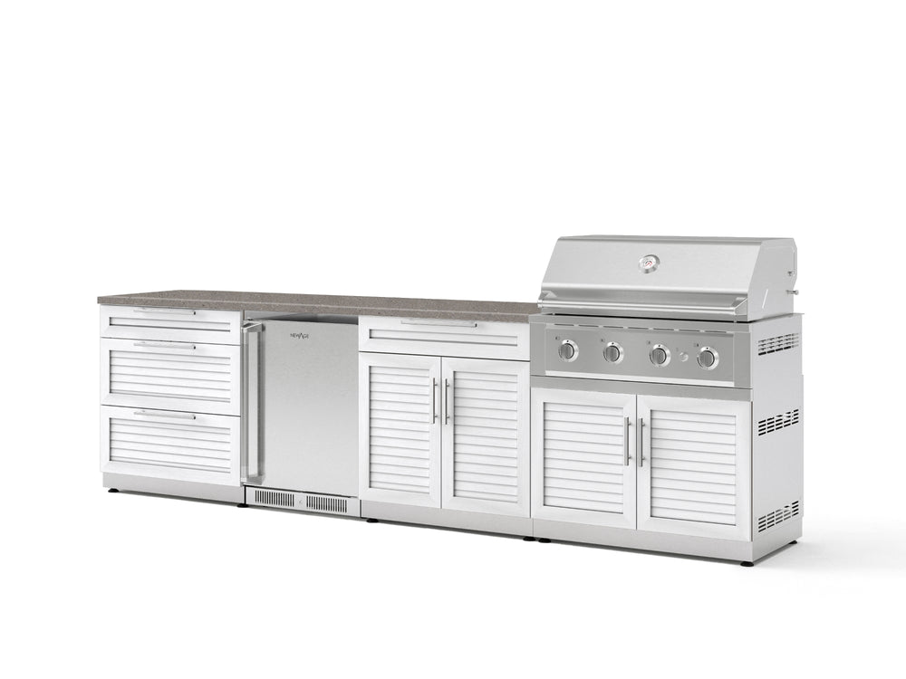 NewAge Outdoor Kitchens Stainless Steel 7-Piece Cabinet Set with 3-Drawer, Bar, Grill Cabinet, Performance Grill, Countertops, and Stainless Steel Door Fridge-73687-Garage Giant