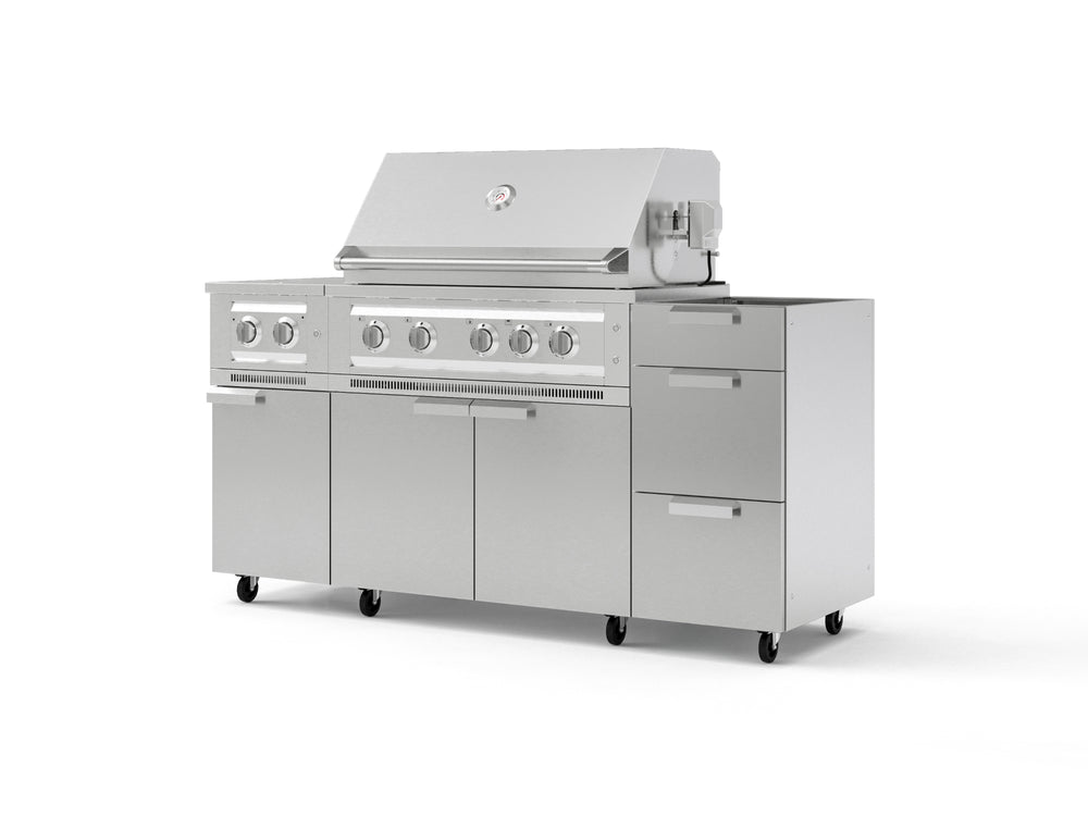 NewAge Outdoor Kitchens Outdoor Grill Island Stainless-Steel 5-Piece Cabinet Set with Casters and 3-Drawer, Grill Cabinet, Dual Side Burner and Platinum Grill - (Liquid Propane) | Garage Giant