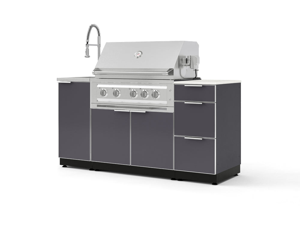 NewAge Outdoor Kitchens Outdoor Grill Island Aluminum 5-Piece Cabinet Set with Sink, 3 Drawer, Grill Cabinet, Platinum Grill and Stainless Steel Countertop - (Natural Gas) | Garage Giant