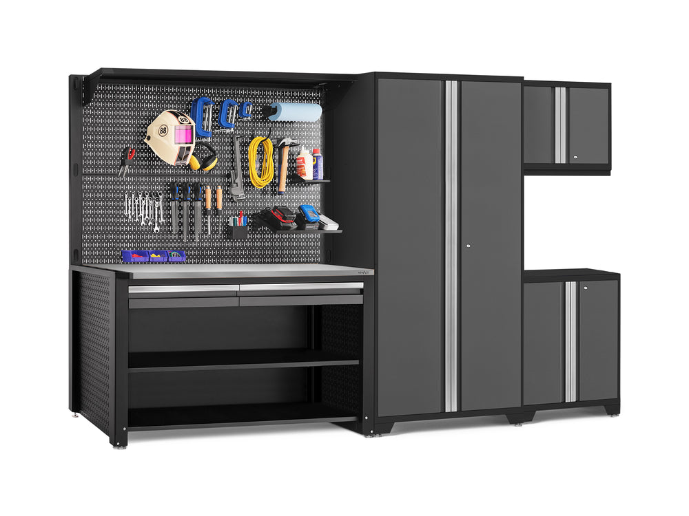 NewAge Garage Cabinets Pro Series 5-Piece Cabinet Set with Base, Wall Cabinet, Locker, 62 in. Workstation, and Pegboard Accessories Kit-32633-Garage Giant