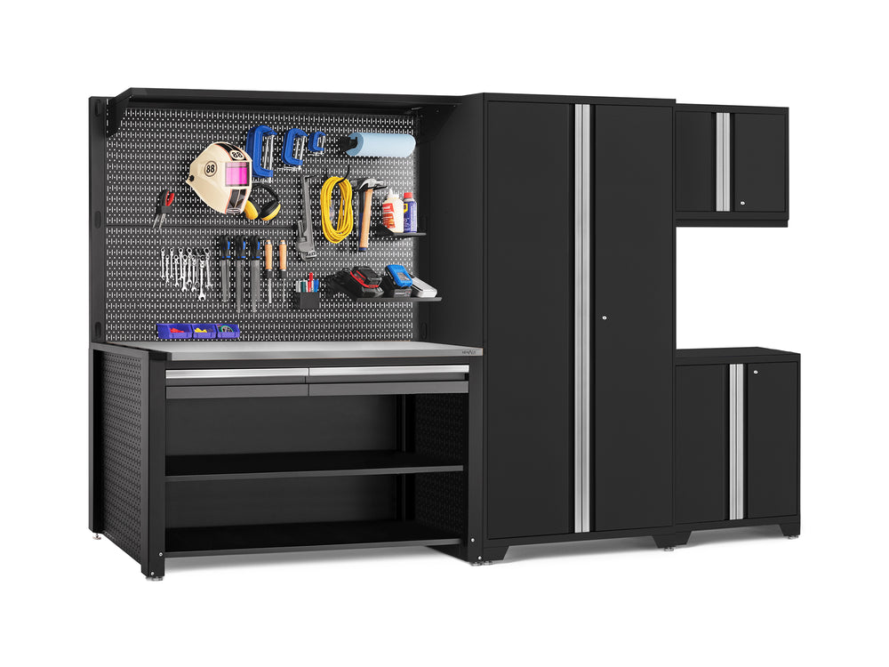 NewAge Garage Cabinets Pro Series 5-Piece Cabinet Set with Base, Wall Cabinet, Locker, 62 in. Workstation, and Pegboard Accessories Kit-32637-Garage Giant