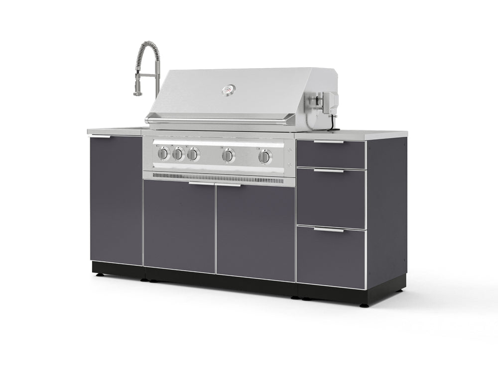 NewAge Outdoor Kitchens Outdoor Grill Island Aluminum 5-Piece Cabinet Set with Sink, 3 Drawer, Grill Cabinet, Platinum Grill and Stainless Steel Countertop-75561-Garage Giant