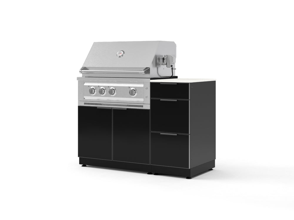 NewAge Outdoor Kitchens Outdoor Grill Island Aluminum 4-Piece Cabinet Set with 3-Drawer, Grill Cabinet, Platinum Grill and Dekton in Aeris Countertop - (Natural Gas) | Garage Giant