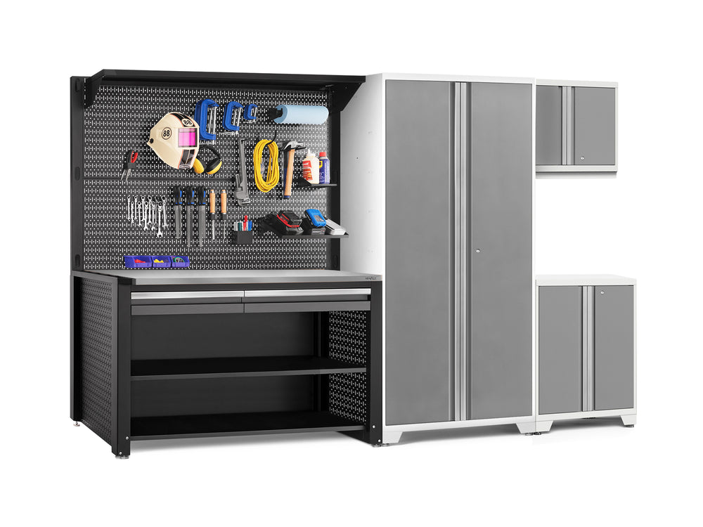 NewAge Garage Cabinets Pro Series 5-Piece Cabinet Set with Base, Wall Cabinet, Locker, 62 in. Workstation, and Pegboard Accessories Kit-32635-Garage Giant