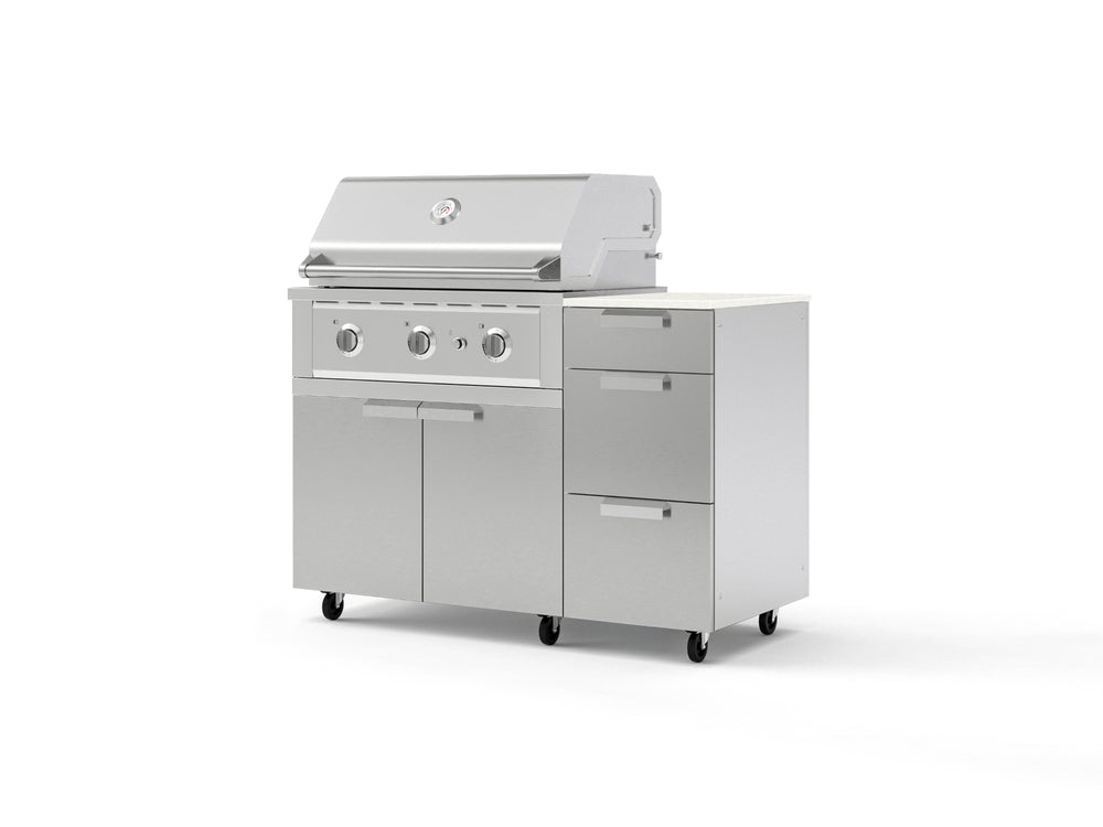 NewAge Outdoor Kitchens Outdoor Grill Island Stainless-Steel 4-Piece Cabinet Set with Casters and 3-Drawer, Grill Cabinet, Performance Grill and Dekton in Aeris Countertop - (Liquid Propane) | Garage Giant