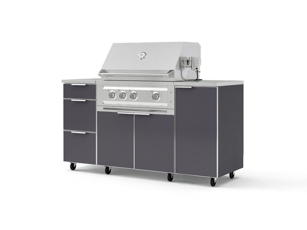NewAge Outdoor Kitchens Outdoor Grill Island Aluminum 6-Piece Cabinet Set with Casters 1 Door, 3 Drawer, Grill Cabinet, Platinum Grill, Countertops | 74911