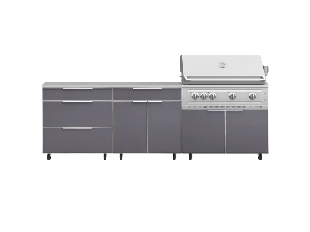 NewAge Outdoor Kitchens Aluminum 5-Piece Cabinet Set With Casters and 3 Drawer, Bar, Grill Cabinet, Platinum Grill, Countertop-72647-Garage Giant
