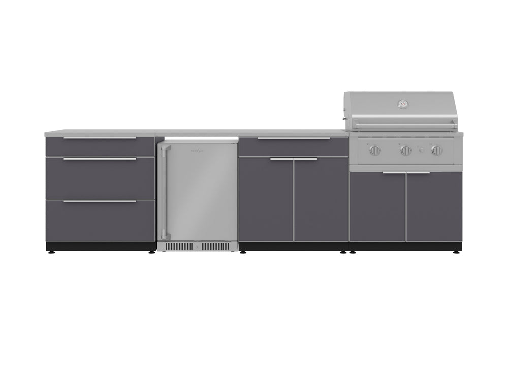 NewAge Outdoor Kitchens Aluminum 7-Piece Cabinet Set with 3-Drawer, Bar, Grill Cabinet, Performance Grill, Countertops and Fridge-66540-Garage Giant
