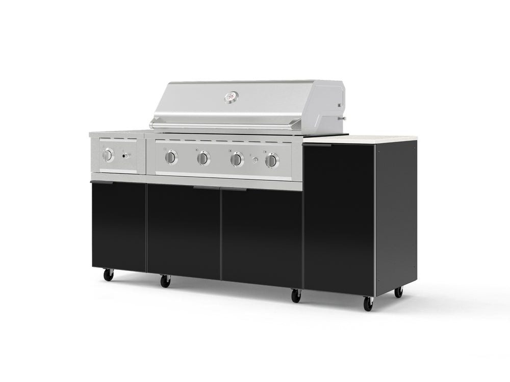 NewAge Outdoor Kitchens Outdoor Grill Island Aluminum 6-Piece Cabinet Set with Casters and 1-Door, Grill Cabinet, Performance Grill, Side Burner and Dekton in Aeris Countertop - (Liquid Propane) | Garage Giant