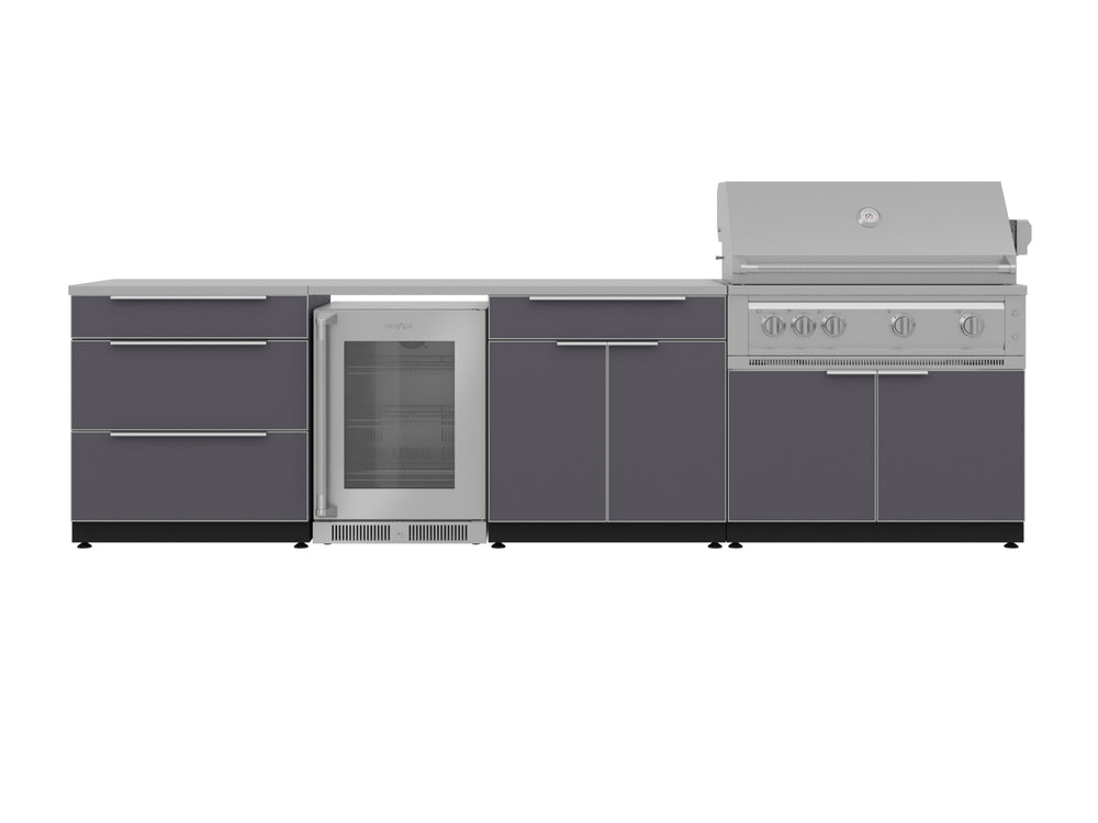 NewAge Outdoor Kitchens Aluminum 7-Piece Cabinet Set with 3-Drawer, Bar, Grill Cabinet, Platinum Grill, Countertops and Fridge-66560-Garage Giant
