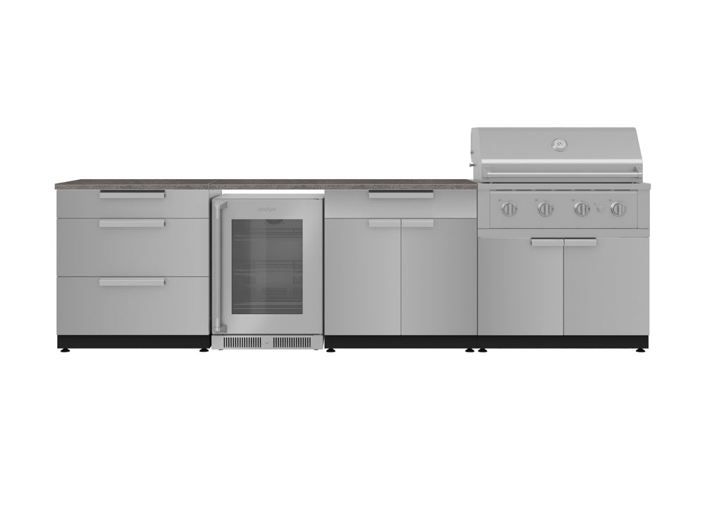 NewAge Outdoor Kitchens Stainless Steel 7-Piece Cabinet Set with 3-Drawer, Bar, Grill Cabinet, Performance Grill, Countertop, and Fridge-71938-Garage Giant