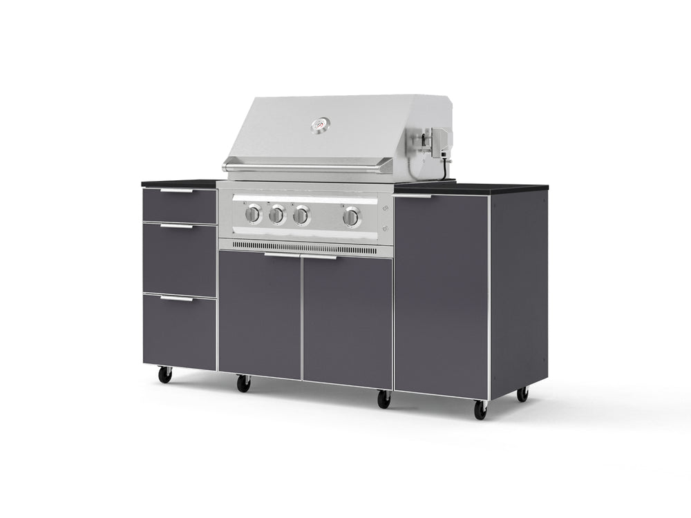 NewAge Outdoor Kitchens Outdoor Grill Island Aluminum 6-Piece Cabinet Set with Casters 1 Door, 3 Drawer, Grill Cabinet, Platinum Grill and Dekton in Sirius Countertops - (Liquid Propane) | Garage Giant