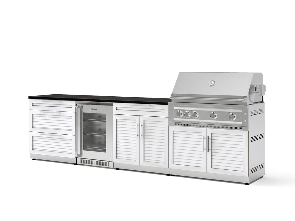 NewAge Outdoor Kitchens Stainless Steel 7-Piece Cabinet Set with 3-Drawer, Bar, Grill Cabinet, Platinum Grill, Countertop, and Glass Door Fridge-73637-Garage Giant