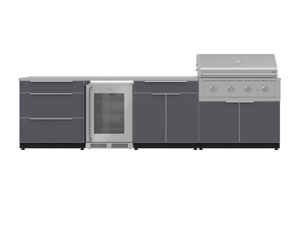 NewAge Outdoor Kitchens Aluminum 7-Piece Cabinet Set with 3-Drawer, Bar, Grill Cabinet, Performance Grill, Countertops and Fridge-66557-Garage Giant