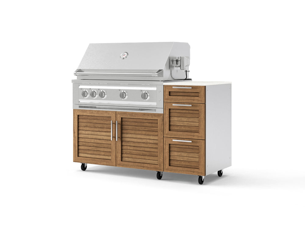 NewAge Outdoor Kitchens Outdoor Grill Island Stainless-Steel Louvered Doors 4-Piece Cabinet Set with Casters and 3-Drawer, Grill Cabinet, Platinum Grill and Dekton in Aeris Countertop - (Liquid Propane) | Garage Giant
