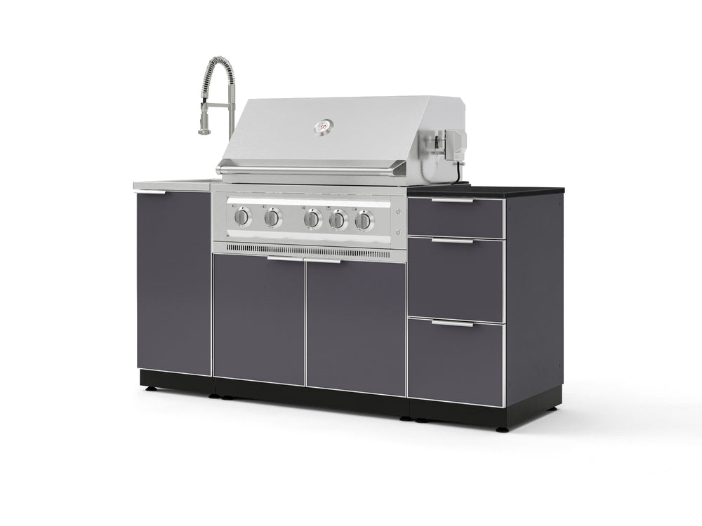 NewAge Outdoor Kitchens Outdoor Grill Island Aluminum 5-Piece Cabinet Set with Sink, 3 Drawer, Grill Cabinet, Platinum Grill and Stainless Steel Countertop - (Liquid Propane) | Garage Giant