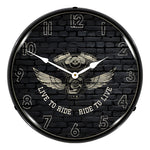 Collectable Sign and Clock Live to Ride Ride to Live Backlit Wall Clock-AG20111181-Garage Giant 
